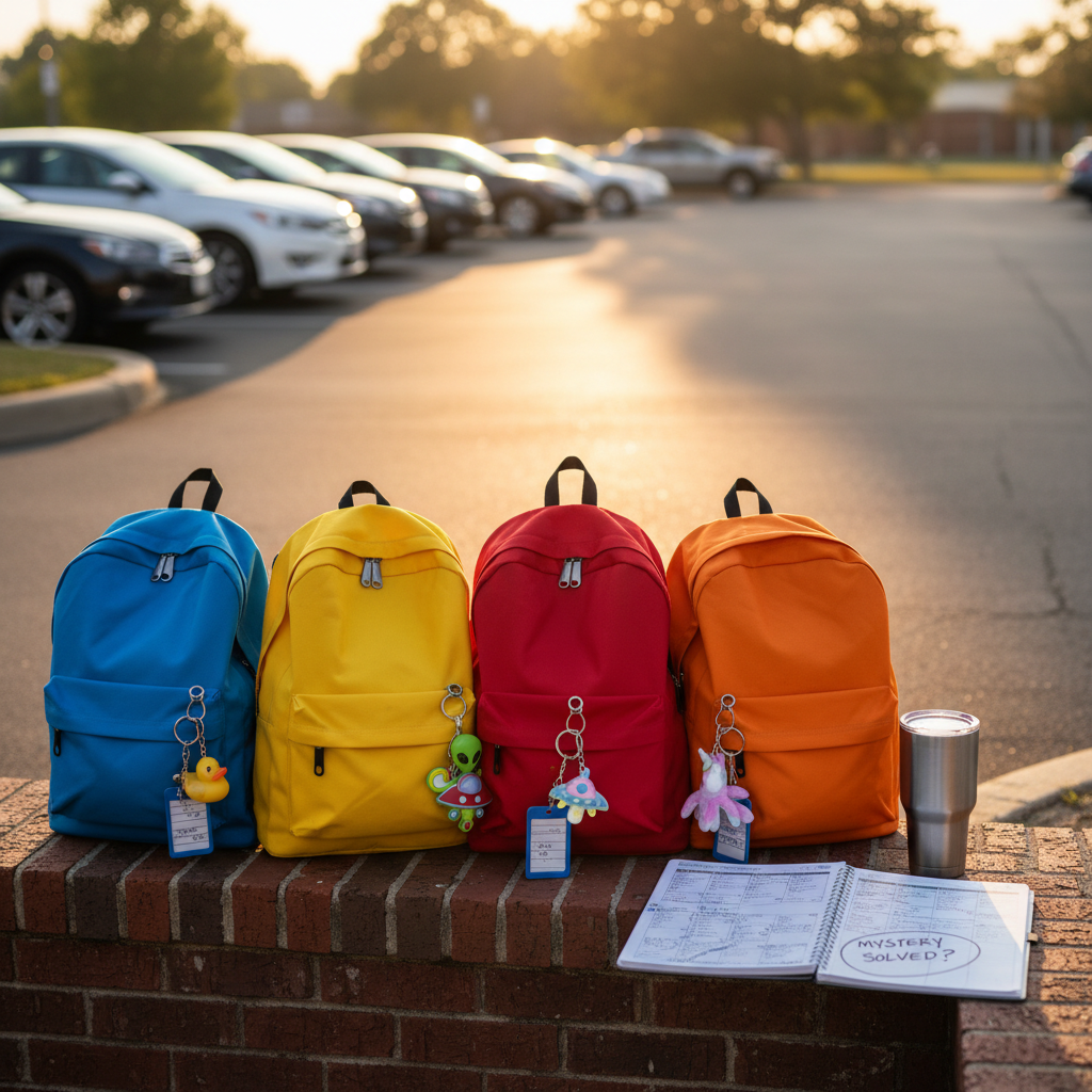 A school pick-up lane reimagined without people, focusing entirely on props and atmosphere in photographic realism. Several colorful backpacks rest in a neat line along a low brick wall, each with quirky keychains and dangling name tags. A lone insulated coffee cup sits on the curb next to a spiral-bound planner open to a day filled with overlapping events and a circled note reading “mystery solved?” In the distance, a row of parked cars is softly blurred, their shapes catching late afternoon sunlight. The golden light casts long, gentle shadows and a nostalgic warmth across the asphalt. Shot from a low angle, the backpacks tower slightly in the foreground, giving a playful, cinematic feeling to an ordinary school-day scene turned mysterious.