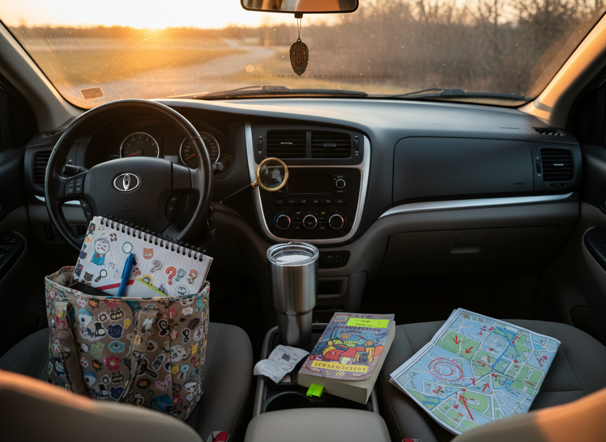 An overhead photographic view of a minivan's cluttered yet organized front seat, styled like a cozy mystery hub. The center console holds a travel coffee tumbler with lipstick print, a crumpled receipt, and a neatly highlighted paperback mystery novel.