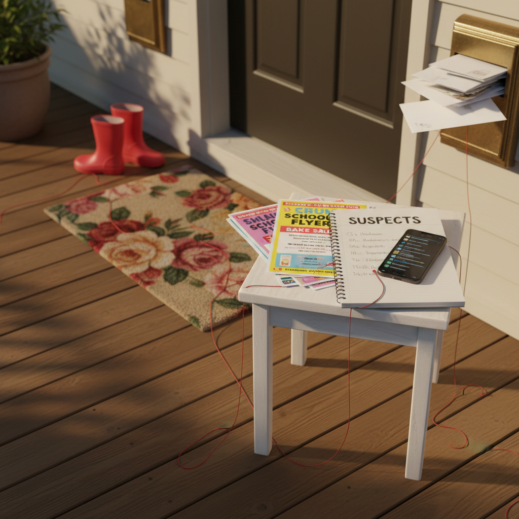 A suburban front porch scene reimagined as a crime board, rendered in clean photographic realism. A small white-painted side table holds a neat stack of colorful school flyers, a buzzing smartphone with endless group chat notifications on screen, and a spiral notebook opened to a page titled “Suspects.” Nearby, a plush floral doormat lies slightly askew, and a pair of tiny rain boots are left abandoned beside a mail slot stuffed with envelopes. Soft golden hour light filters through, creating long, gentle shadows across the porch planks. Shot from a slightly elevated angle using the rule of thirds, the composition feels playful yet intriguing, as if everyday domestic details could hide a charming neighborhood mystery.